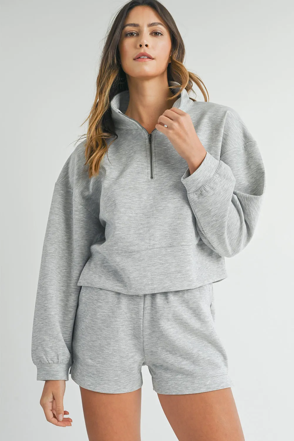 Light Grey Stand Neck Zipped Sweatshirt and Shorts Set sold by Beagle Boutique product image thumbnail 2