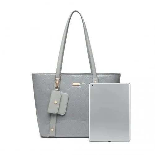 LD2217 - Miss Lulu 4 Pieces Glossy Leather Tote Bag Set - Grey sold by Beagle Boutique product image thumbnail 5