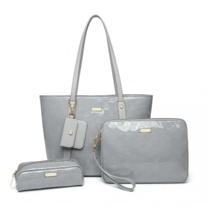 LD2217 - Miss Lulu 4 Pieces Glossy Leather Tote Bag Set - Grey sold by Beagle Boutique