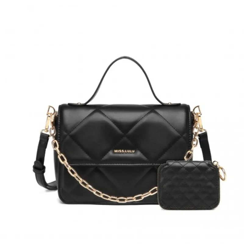 LT2201 - Miss Lulu Diamond Quilted Leather Chain Shoulder Bag - Black sold by Beagle Boutique