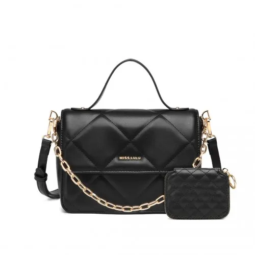 LT2201 - Miss Lulu Diamond Quilted Leather Chain Shoulder Bag - Black sold by Beagle Boutique