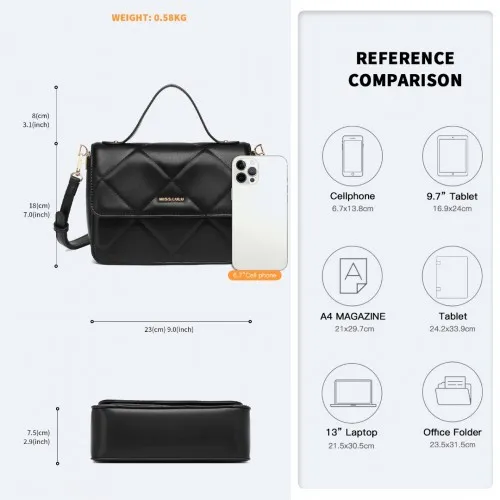 LT2201 - Miss Lulu Diamond Quilted Leather Chain Shoulder Bag - Black sold by Beagle Boutique product image thumbnail 4