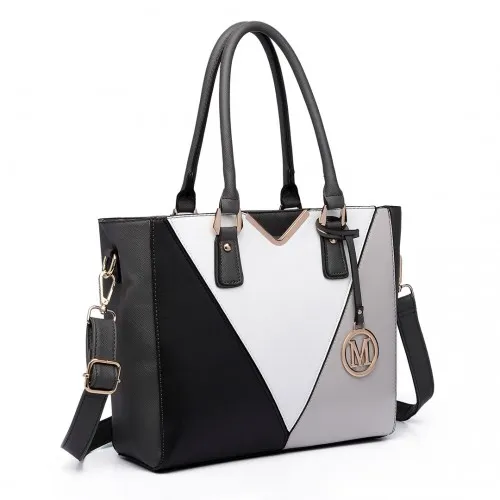 LG6632 - Miss Lulu Leather Look V-Shape Multicolour Tote Bag - Grey sold by Beagle Boutique product image thumbnail 2