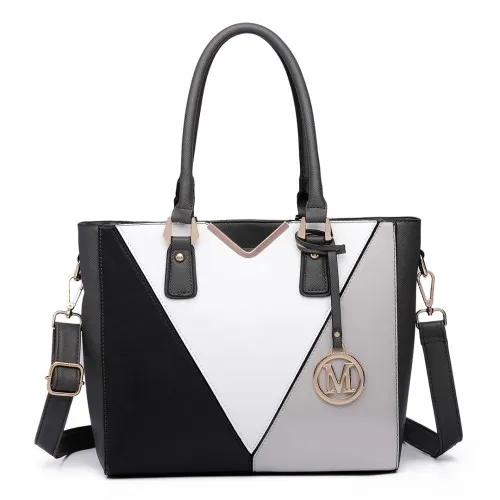 LG6632 - Miss Lulu Leather Look V-Shape Multicolour Tote Bag - Grey sold by Beagle Boutique