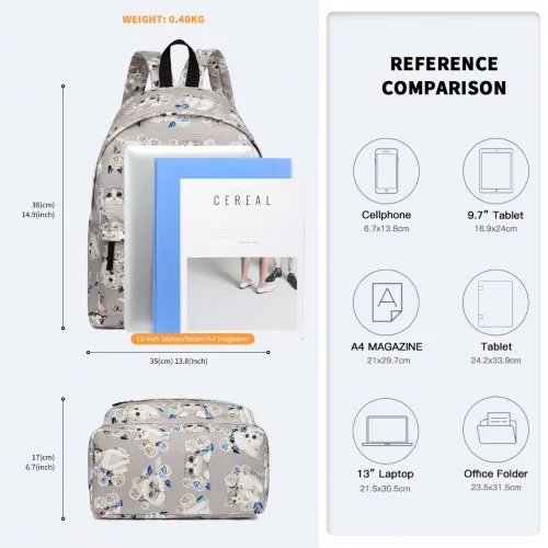 E1401-17CT - Miss Lulu Large Backpack Cat Polka Dot - Grey sold by Beagle Boutique product image thumbnail 4