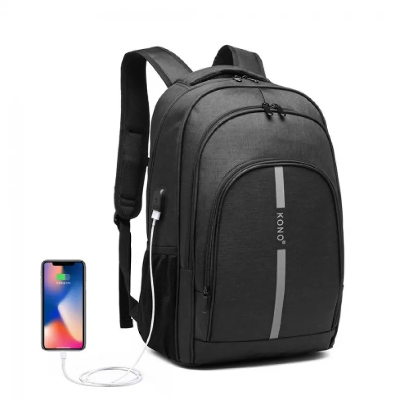 E1972 - Kono Large Backpack with Reflective Stripe and USB Charging Interface - Black sold by Beagle Boutique