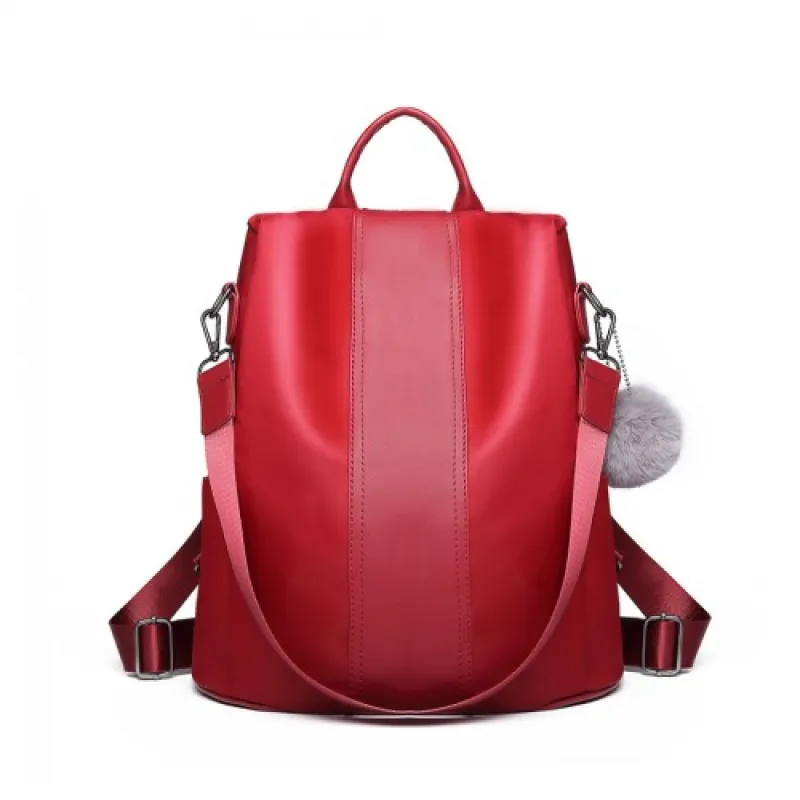LG1903 - Miss Lulu Two Way Backpack Shoulder Bag with Pom Pom Pendant - Red sold by Beagle Boutique