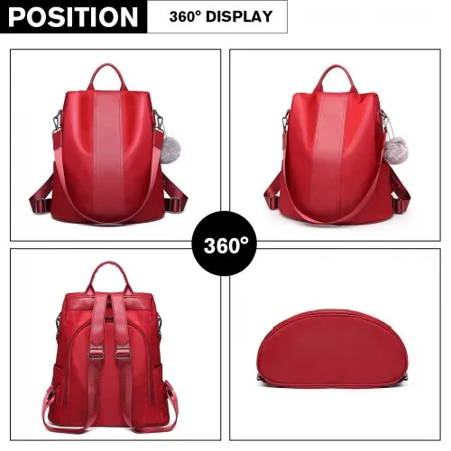 LG1903 - Miss Lulu Two Way Backpack Shoulder Bag with Pom Pom Pendant - Red sold by Beagle Boutique product image thumbnail 5