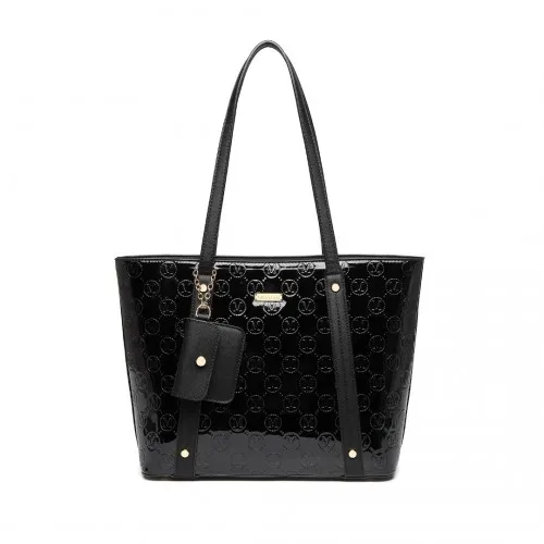 LD2217 - Miss Lulu 4 Pieces Glossy Leather Tote Bag Set - Black sold by Beagle Boutique product image thumbnail 2