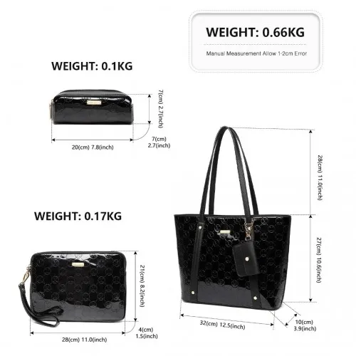 LD2217 - Miss Lulu 4 Pieces Glossy Leather Tote Bag Set - Black sold by Beagle Boutique product image thumbnail 4
