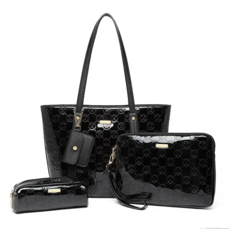 LD2217 - Miss Lulu 4 Pieces Glossy Leather Tote Bag Set - Black sold by Beagle Boutique
