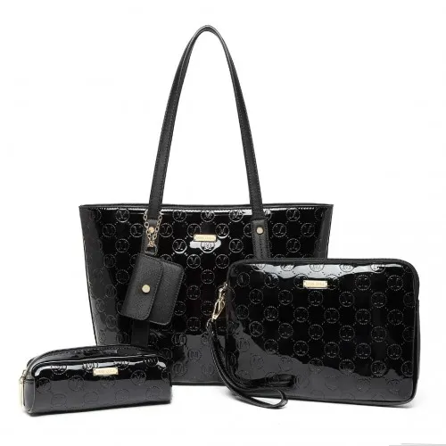 LD2217 - Miss Lulu 4 Pieces Glossy Leather Tote Bag Set - Black sold by Beagle Boutique