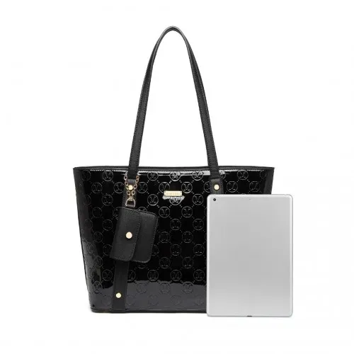 LD2217 - Miss Lulu 4 Pieces Glossy Leather Tote Bag Set - Black sold by Beagle Boutique product image thumbnail 5