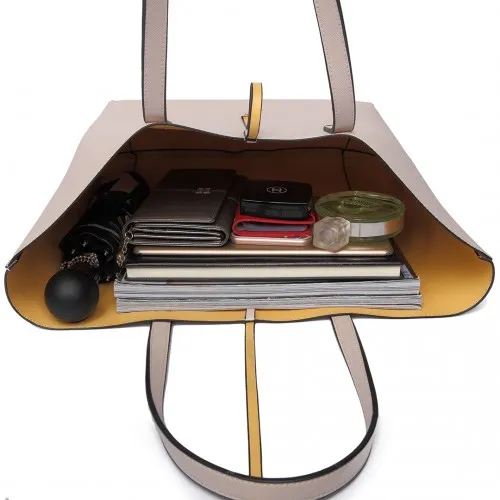 LT6628 - Miss Lulu Women Reversible Contrast Shopper Tote Bag Beige sold by Beagle Boutique product image thumbnail 5