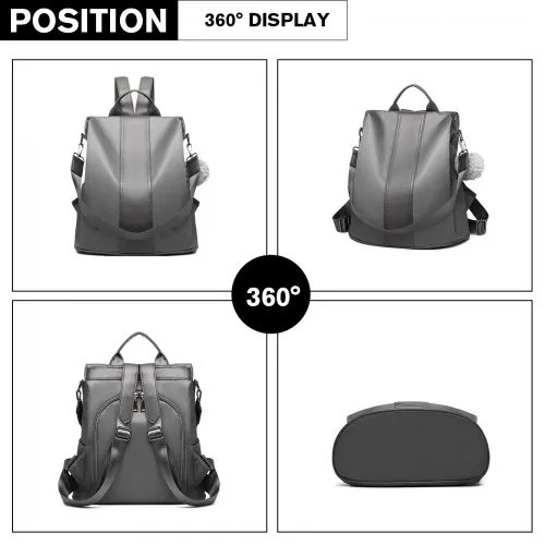LG1903 - Miss Lulu Two Way Backpack Shoulder Bag with Pom Pom Pendant - Grey sold by Beagle Boutique product image thumbnail 5