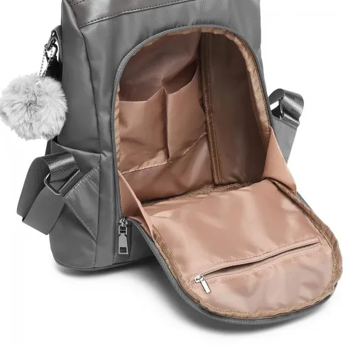 LG1903 - Miss Lulu Two Way Backpack Shoulder Bag with Pom Pom Pendant - Grey sold by Beagle Boutique product image thumbnail 4