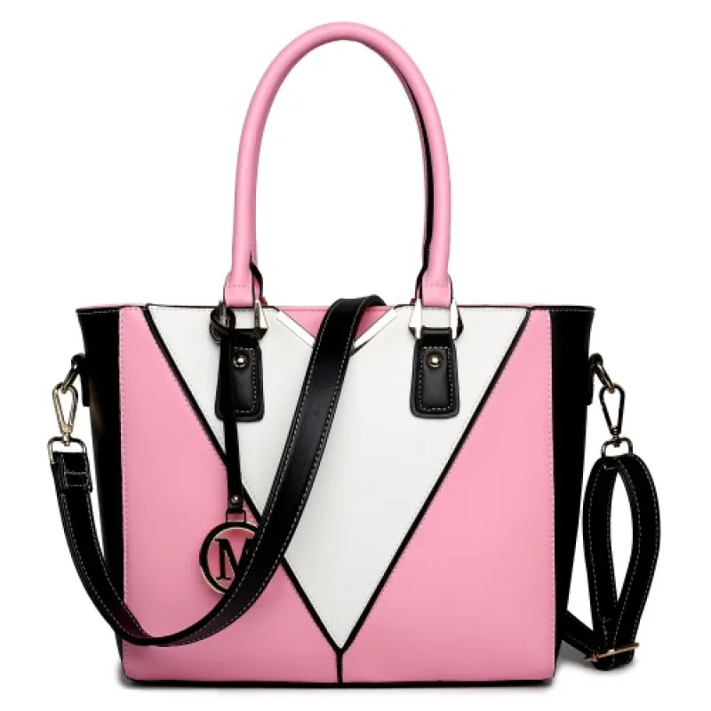 LG1641 - Miss Lulu Leather Look V-Shape Shoulder Handbag - Pink sold by Beagle Boutique