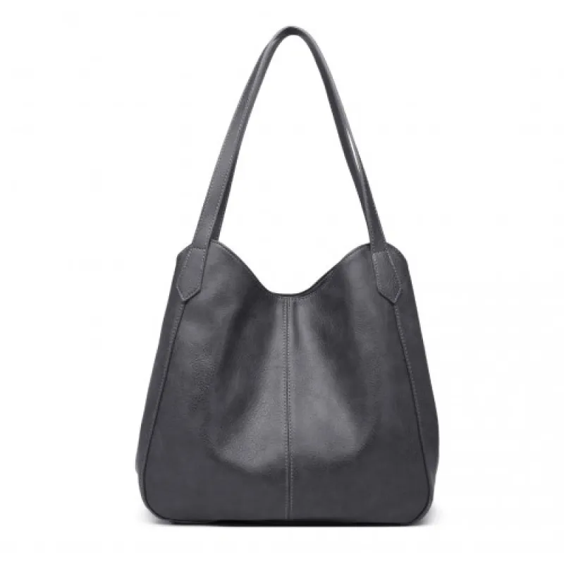 LH2230 - Miss Lulu Soft Leather Multiple Pocket Tote Shoulder Bag - Grey sold by Beagle Boutique