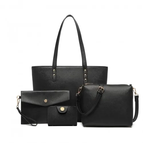 LG6931 - Miss Lulu 4 Piece Handbag Set - Black sold by Beagle Boutique