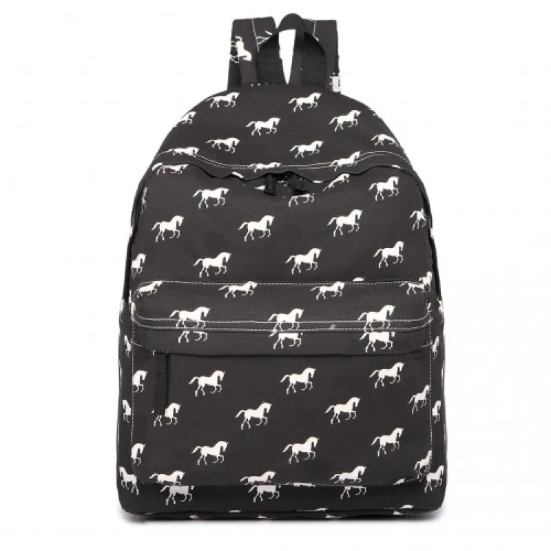 E1401H - Miss Lulu Horse-Print Cotton Canvas School Backpack - Black sold by Beagle Boutique