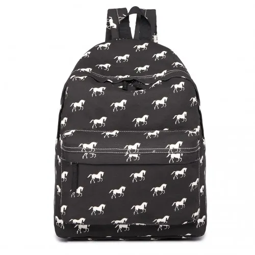E1401H - Miss Lulu Horse-Print Cotton Canvas School Backpack - Black sold by Beagle Boutique