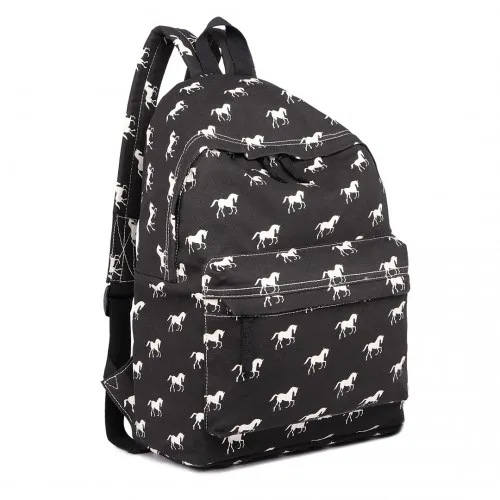 E1401H - Miss Lulu Horse-Print Cotton Canvas School Backpack - Black sold by Beagle Boutique product image thumbnail 2