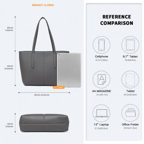 LG2062 - Miss Lulu Leather Look Simple Casual Tote Bag - Grey sold by Beagle Boutique product image thumbnail 4