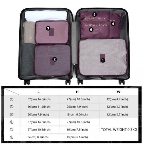 E2015 - Kono 6 Piece Polyester Travel Luggage Organiser Bag Set - Burgundy sold by Beagle Boutique product image thumbnail 3