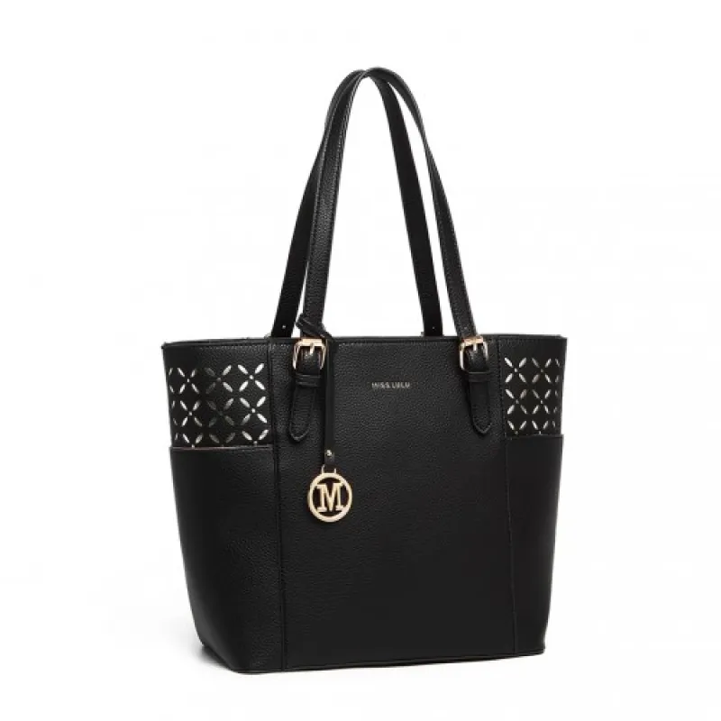 LG1943 - MISS LULU LASER CUT OUT TOTE SHOPPER BAG - BLACK sold by Beagle Boutique