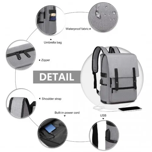 EG2032 - Kono Smart Practical Backpack with USB Chargable Interface - Grey sold by Beagle Boutique product image thumbnail 5