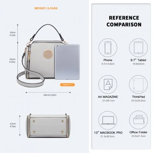 LB2126 - Miss Lulu Leather Look Practical Crossbody Bag - Grey sold by Beagle Boutique product image thumbnail 4