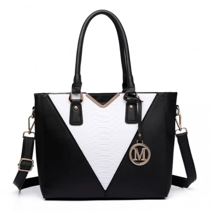 LG6632 - Miss Lulu Leather Look V-Shape Multicolour Tote Bag - Black sold by Beagle Boutique