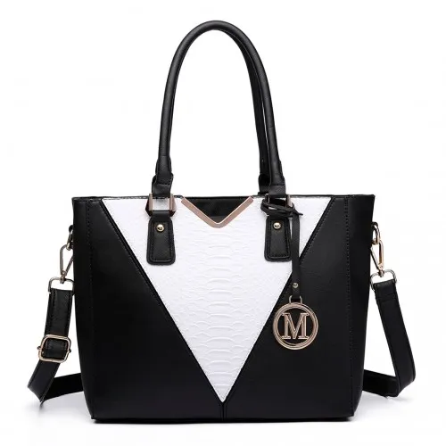 LG6632 - Miss Lulu Leather Look V-Shape Multicolour Tote Bag - Black sold by Beagle Boutique