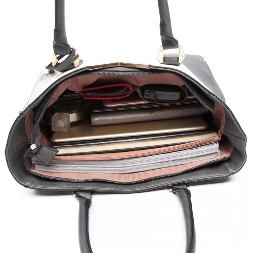 LG6632 - Miss Lulu Leather Look V-Shape Multicolour Tote Bag - Black sold by Beagle Boutique product image thumbnail 5