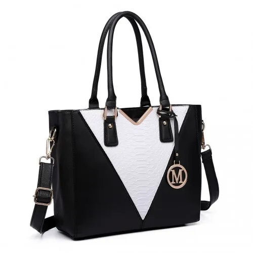 LG6632 - Miss Lulu Leather Look V-Shape Multicolour Tote Bag - Black sold by Beagle Boutique product image thumbnail 2