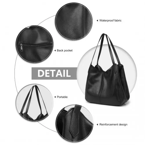 LH2230 - Miss Lulu Soft Leather Multiple Pocket Tote Shoulder Bag - Black sold by Beagle Boutique product image thumbnail 4