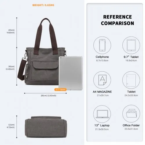EB2125 - Kono Large Capacity Multi Compartment Canvas Crossbody Tote Bag - Grey sold by Beagle Boutique product image thumbnail 4