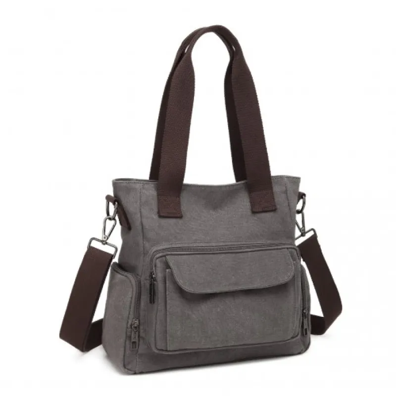 EB2125 - Kono Large Capacity Multi Compartment Canvas Crossbody Tote Bag - Grey sold by Beagle Boutique