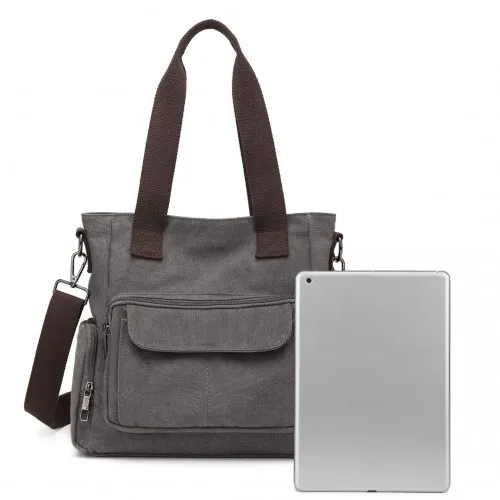 EB2125 - Kono Large Capacity Multi Compartment Canvas Crossbody Tote Bag - Grey sold by Beagle Boutique product image thumbnail 5