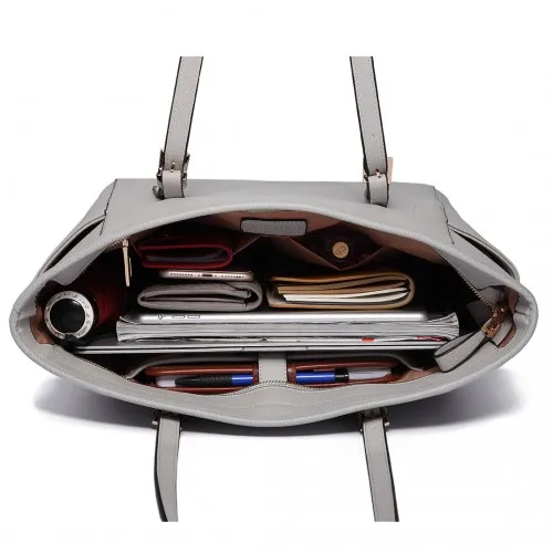 LM1642-1 - Miss Lulu Faux Leather Adjustable Handle Tote Bag - Light Grey sold by Beagle Boutique product image thumbnail 5