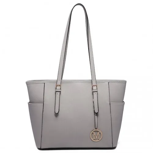 LM1642-1 - Miss Lulu Faux Leather Adjustable Handle Tote Bag - Light Grey sold by Beagle Boutique product image thumbnail 2