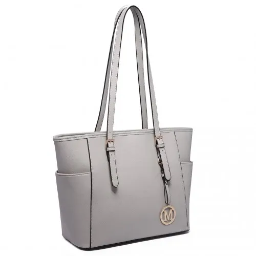 LM1642-1 - Miss Lulu Faux Leather Adjustable Handle Tote Bag - Light Grey sold by Beagle Boutique