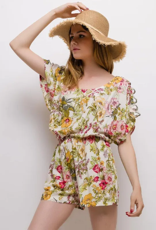 Playsuit With Open Shoulder Detail In White Floral Print sold by Beagle Boutique