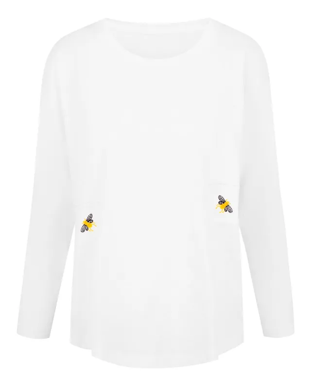 Bee Embroidered Slub T-Shirt White sold by Beagle Boutique