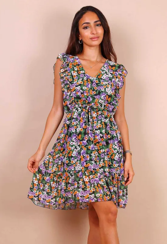 Black And Purple Floral Frill Mini Dress sold by Beagle Boutique