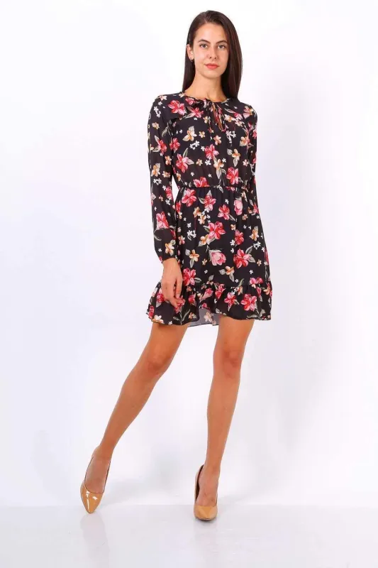 Black Floral Print Tie Neck Shift Dress sold by Beagle Boutique