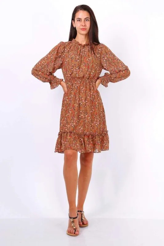 Camel Ditsy Floral Long Sleeve Frill Hem Dress sold by Beagle Boutique
