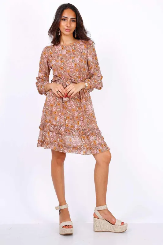Camel Long Sleeve Mini Dress In Chiffon Paisley Print sold by Beagle Boutique