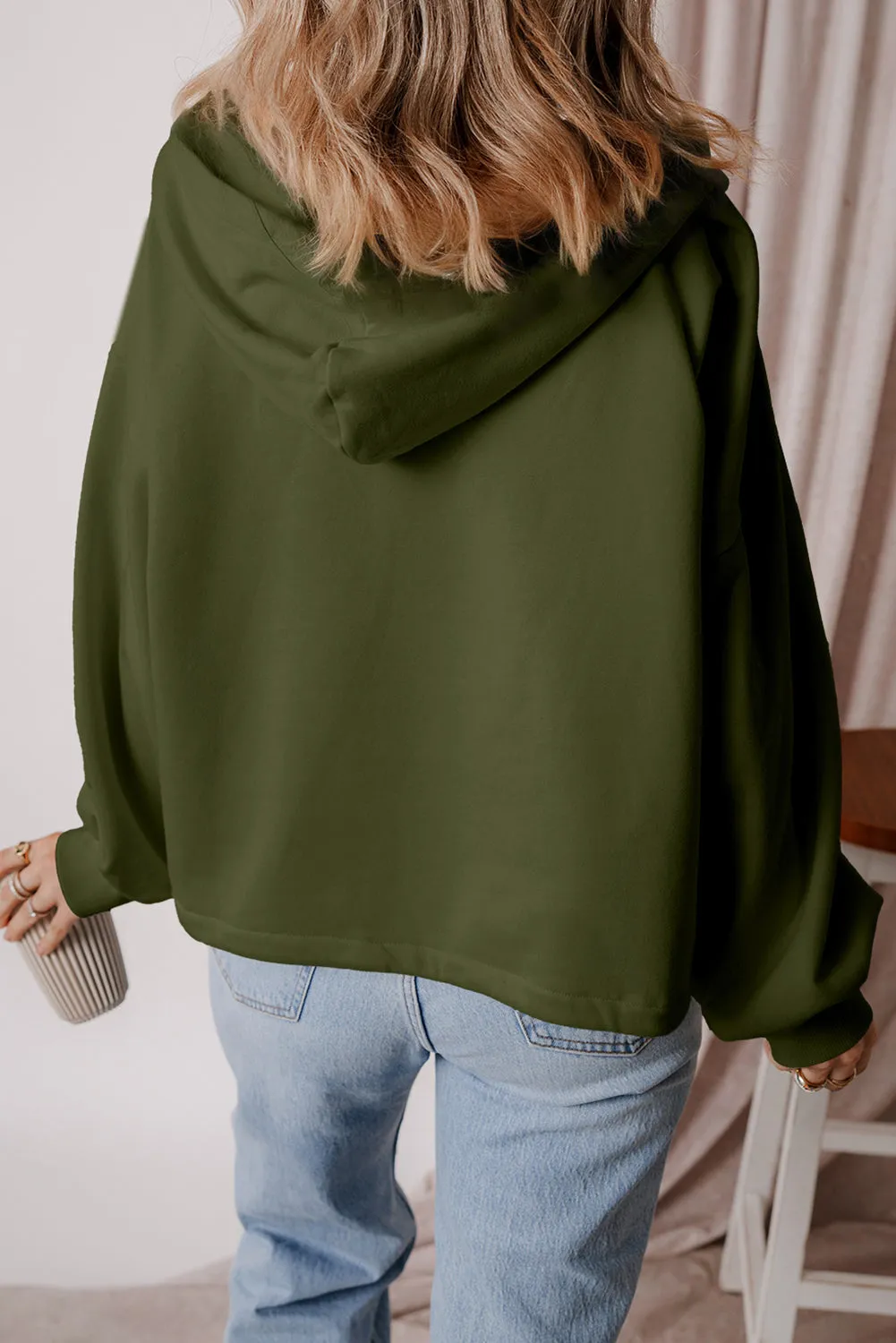Moss Green Fleece Lined Half Zipper Kangaroo Pockets Loose Hoodie sold by Beagle Boutique product image thumbnail 2