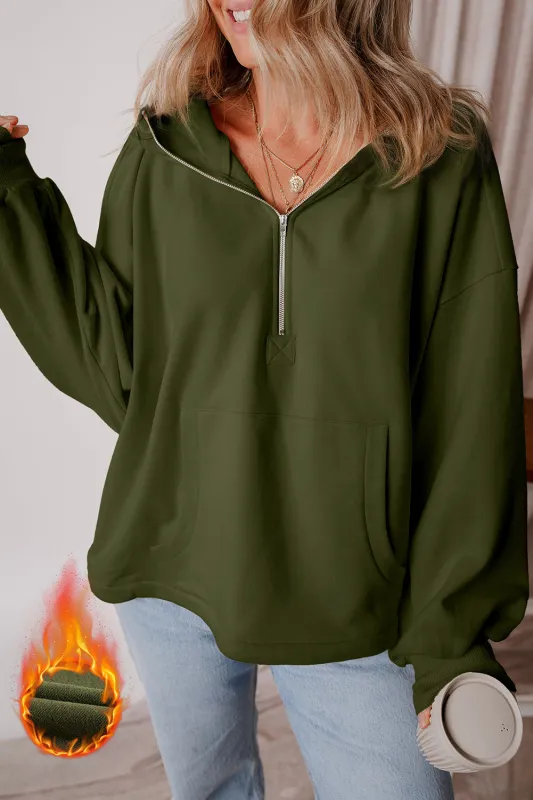 Moss Green Fleece Lined Half Zipper Kangaroo Pockets Loose Hoodie sold by Beagle Boutique